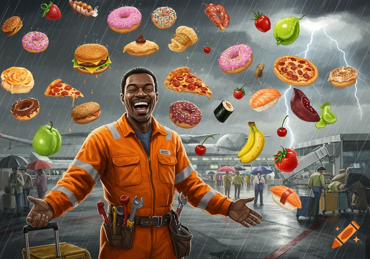 Very happy man in orange jumpsuit stands in the rain at an airport while food rains down.