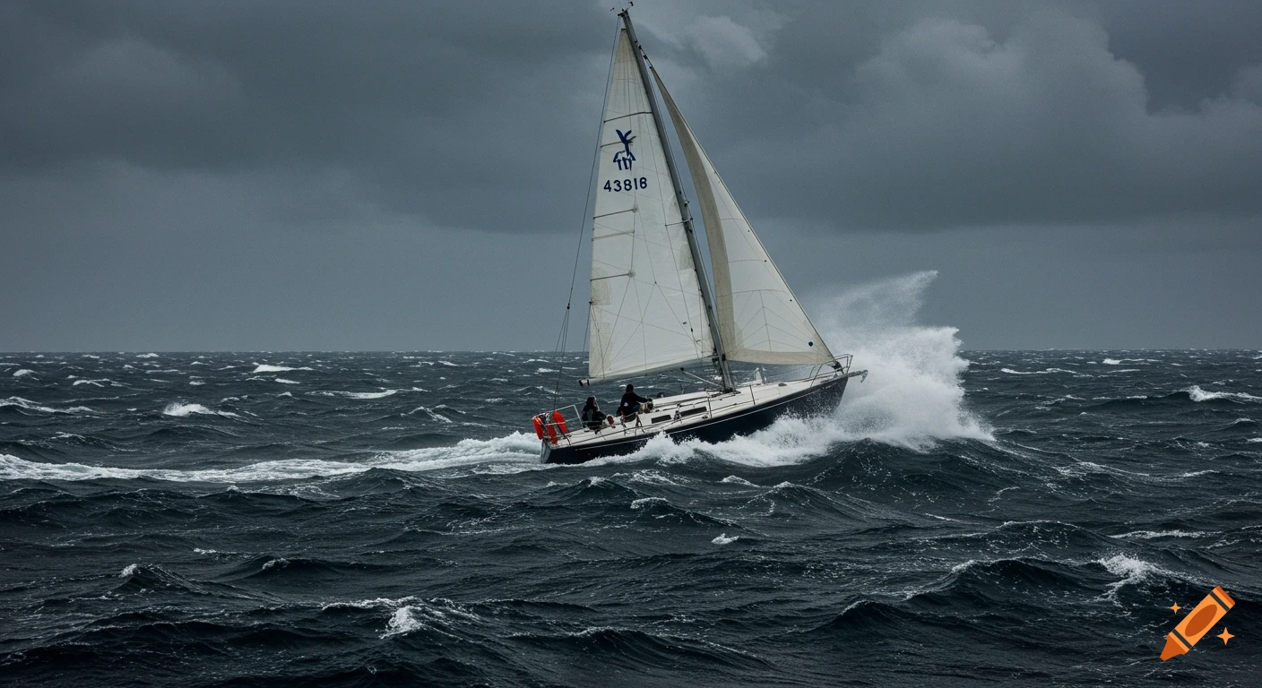A sailboat rides large waves in rough seas under a dark, stormy sky.