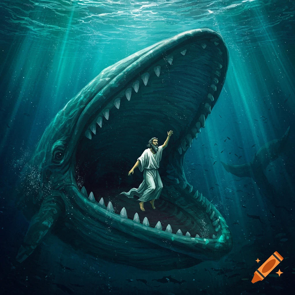 Illustration of a man in a white robe standing inside the open mouth of a large whale underwater.