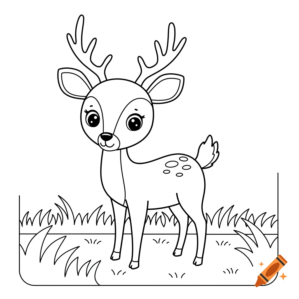 Black and white line drawing of a cartoon deer in grass, coloring page style.