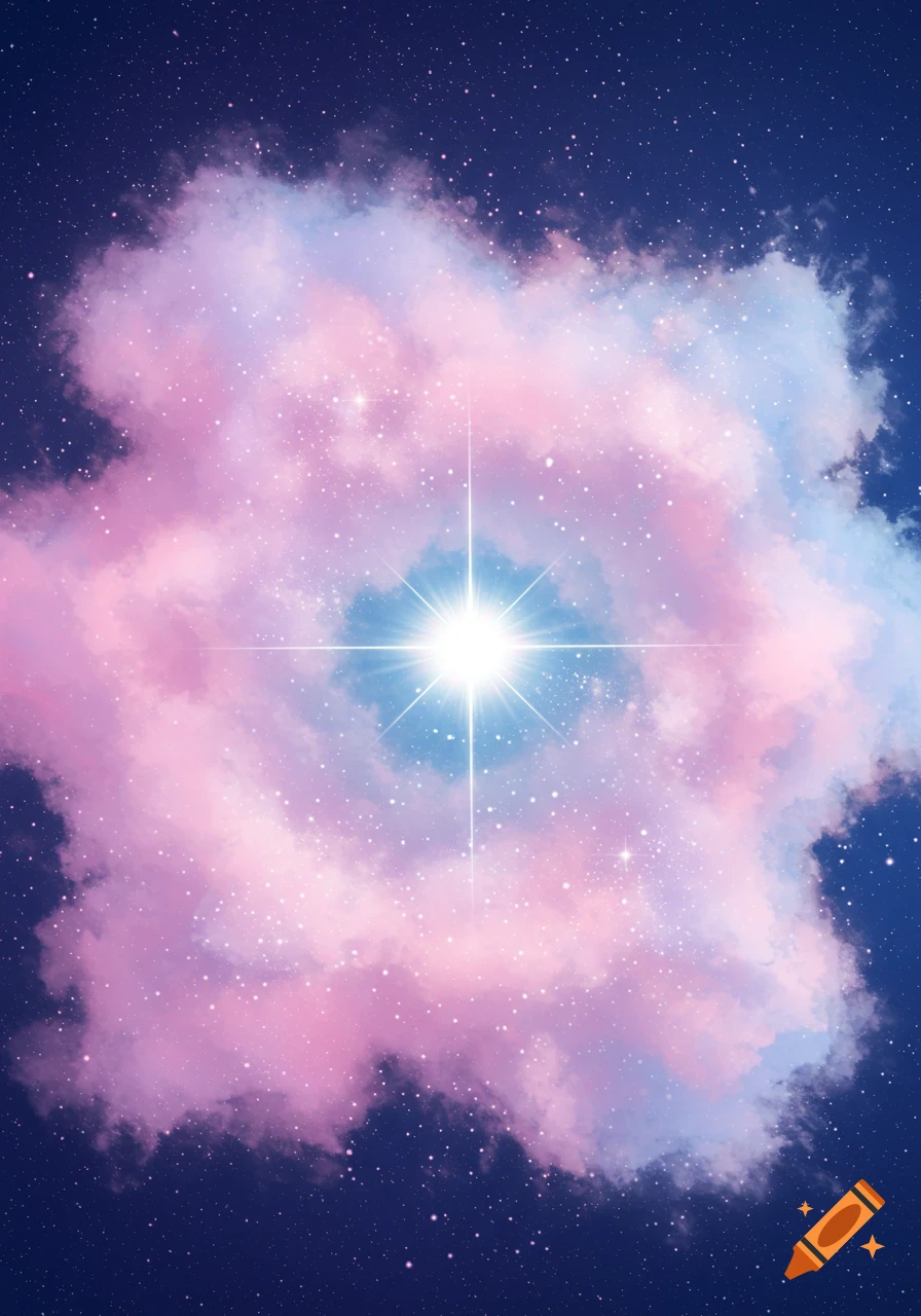 A bright star burst within a pink and blue cloud nebula in space.