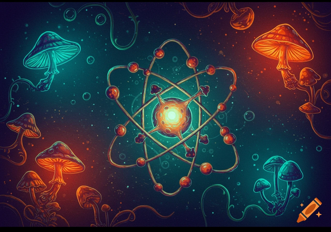 Stylized illustration of glowing mushrooms and an atom structure in a dark space background.