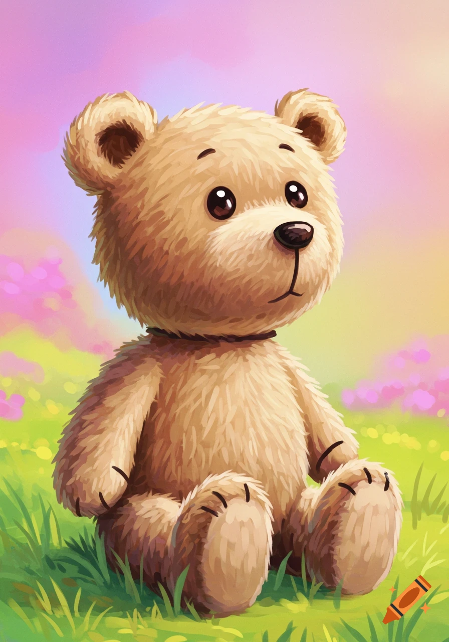 Illustration of a cute teddy bear sitting in a field of grass and flowers.