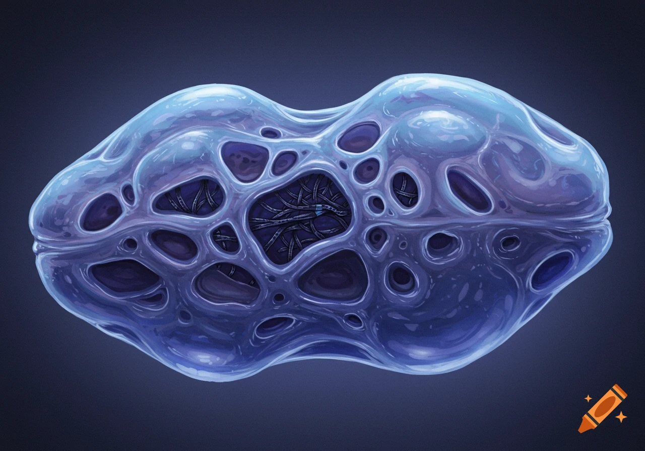 Abstract blue and violet alien object with a textured, porous surface and visible internal wires.