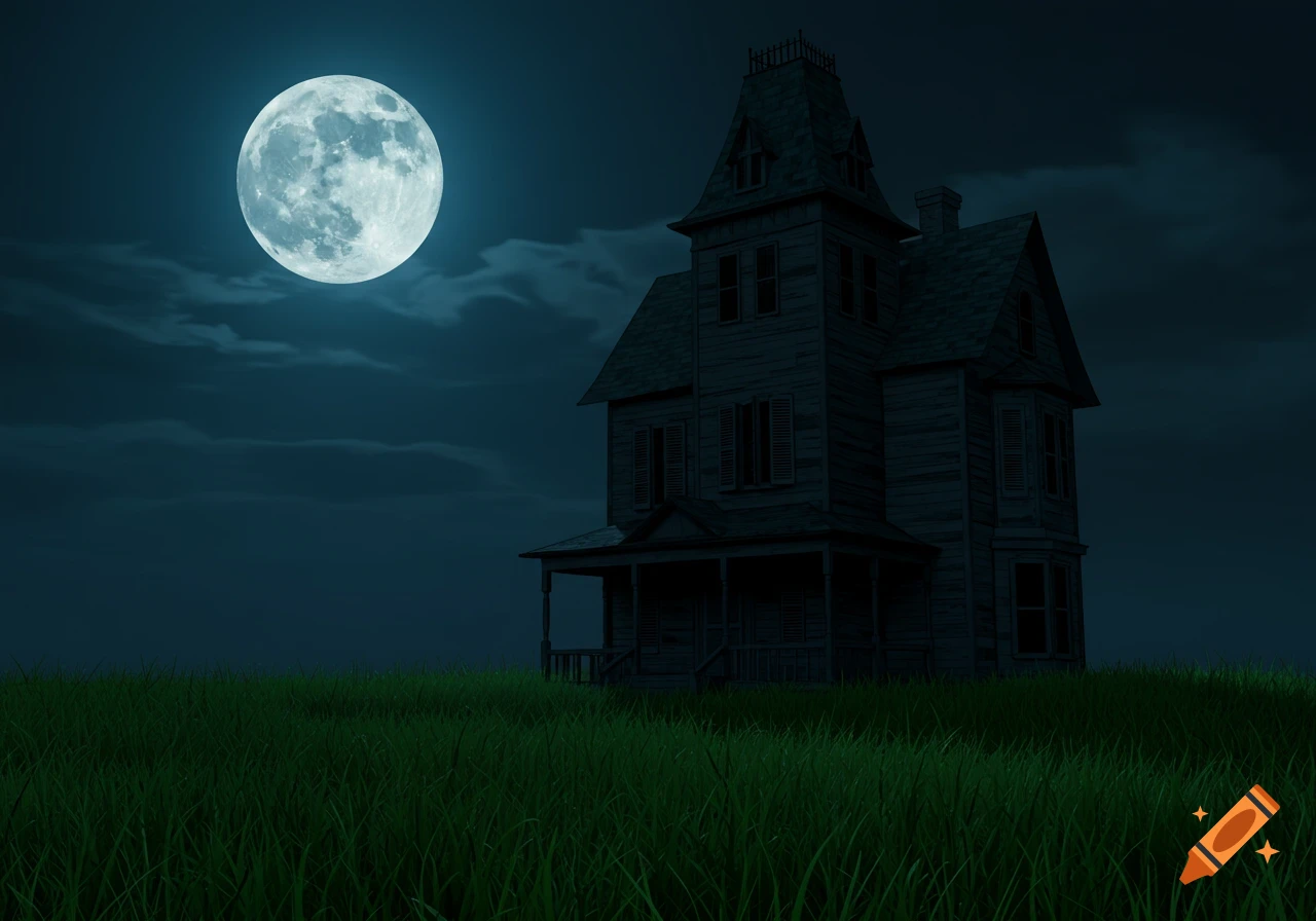 A spooky old house on a grassy hill under a bright full moon at night.