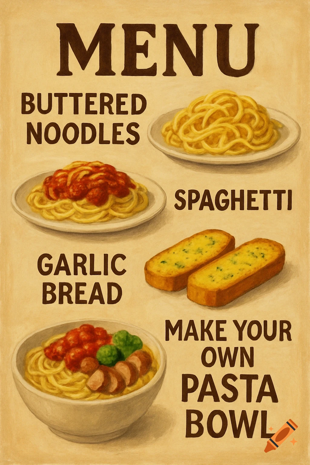 Illustrated menu featuring spaghetti, buttered noodles, garlic bread, and pasta bowls.