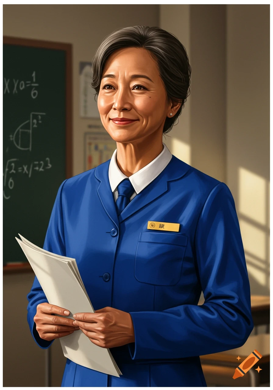 Realistic portrait of an older Asian woman teacher in a blue uniform holding papers in a classroom.