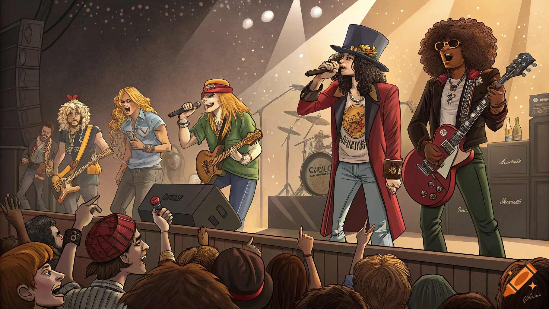 An illustration of a rock band playing on a stage in front of a crowd.
