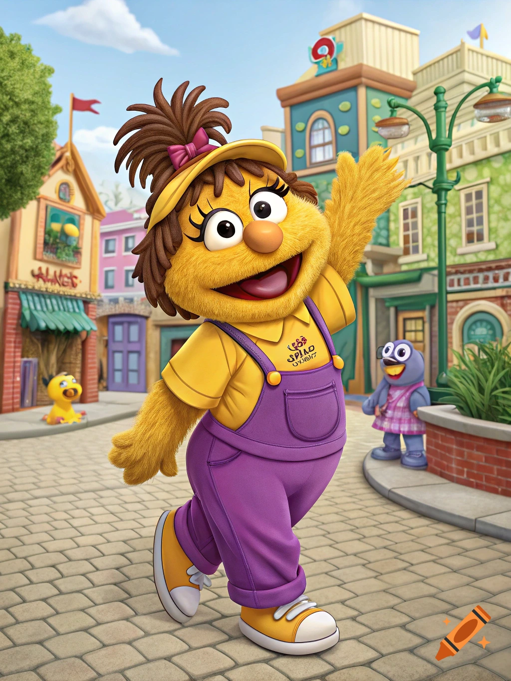 Furry yellow character resembling Zoe from Sesame Street waves on a street.