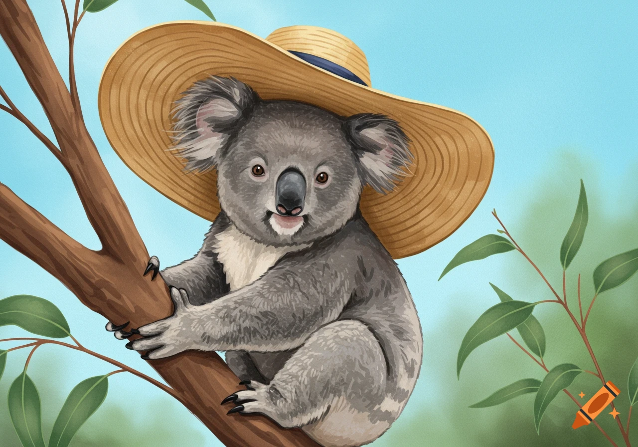 Illustration of a cute koala bear wearing a large straw hat sitting on a tree branch with eucalyptus leaves.