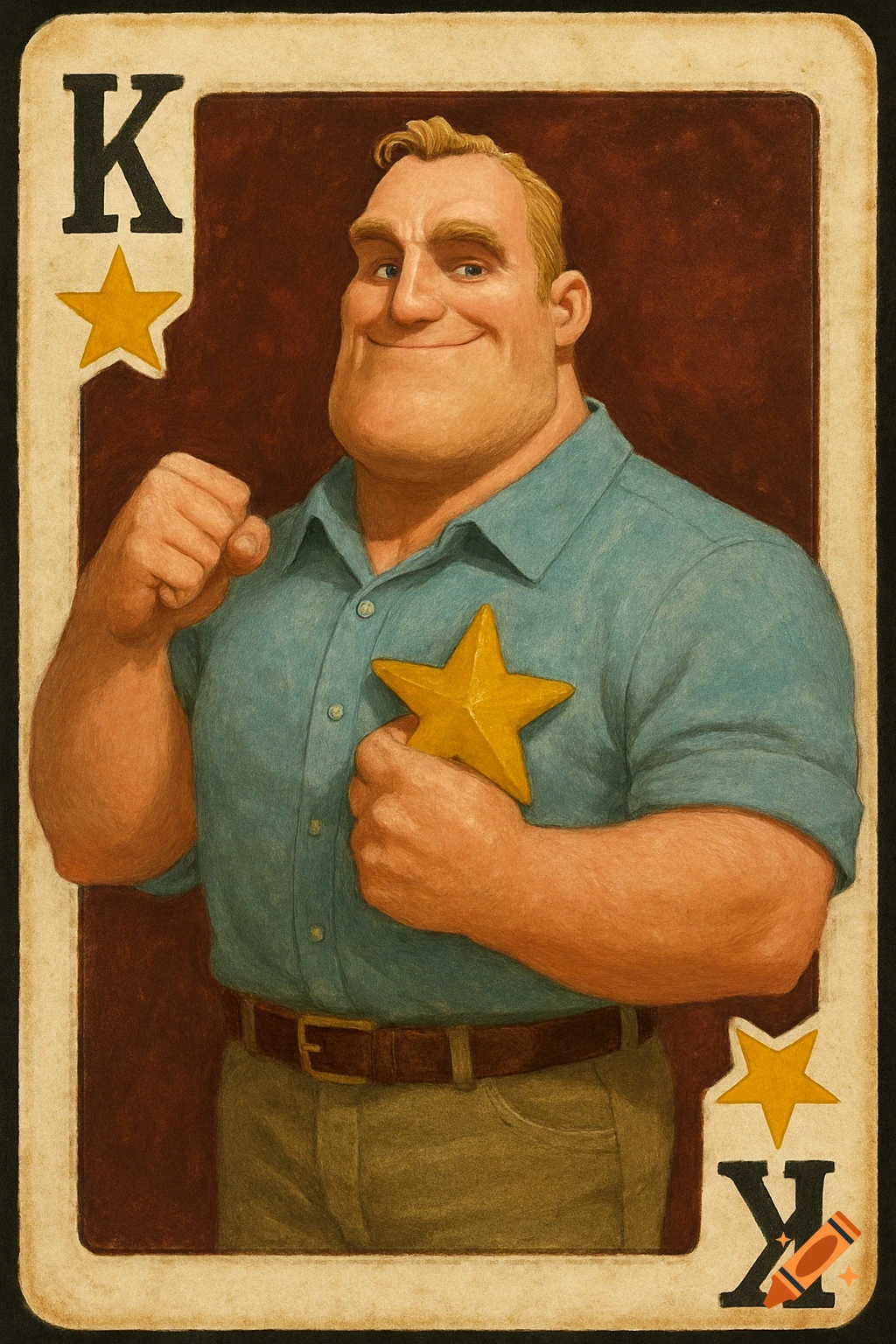 Illustration of Mr. Incredible on a King playing card, holding a star.