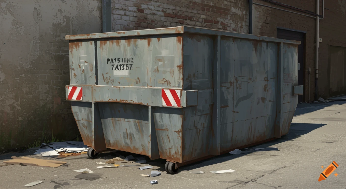 A large, rusty roll-away dumpster sits in an urban alleyway near a brick wall.