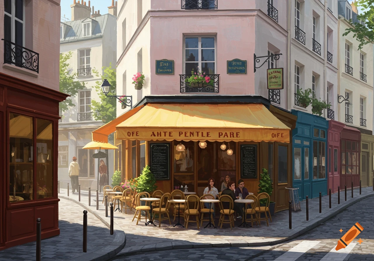 Painting of a Parisian street scene with a cafe.