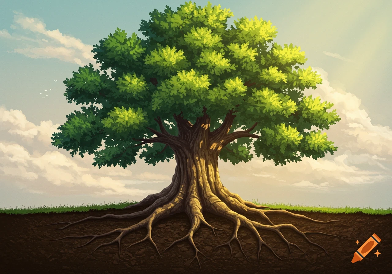A detailed illustration of a large tree with green leaves, a thick trunk, and extensive roots shown below the ground.