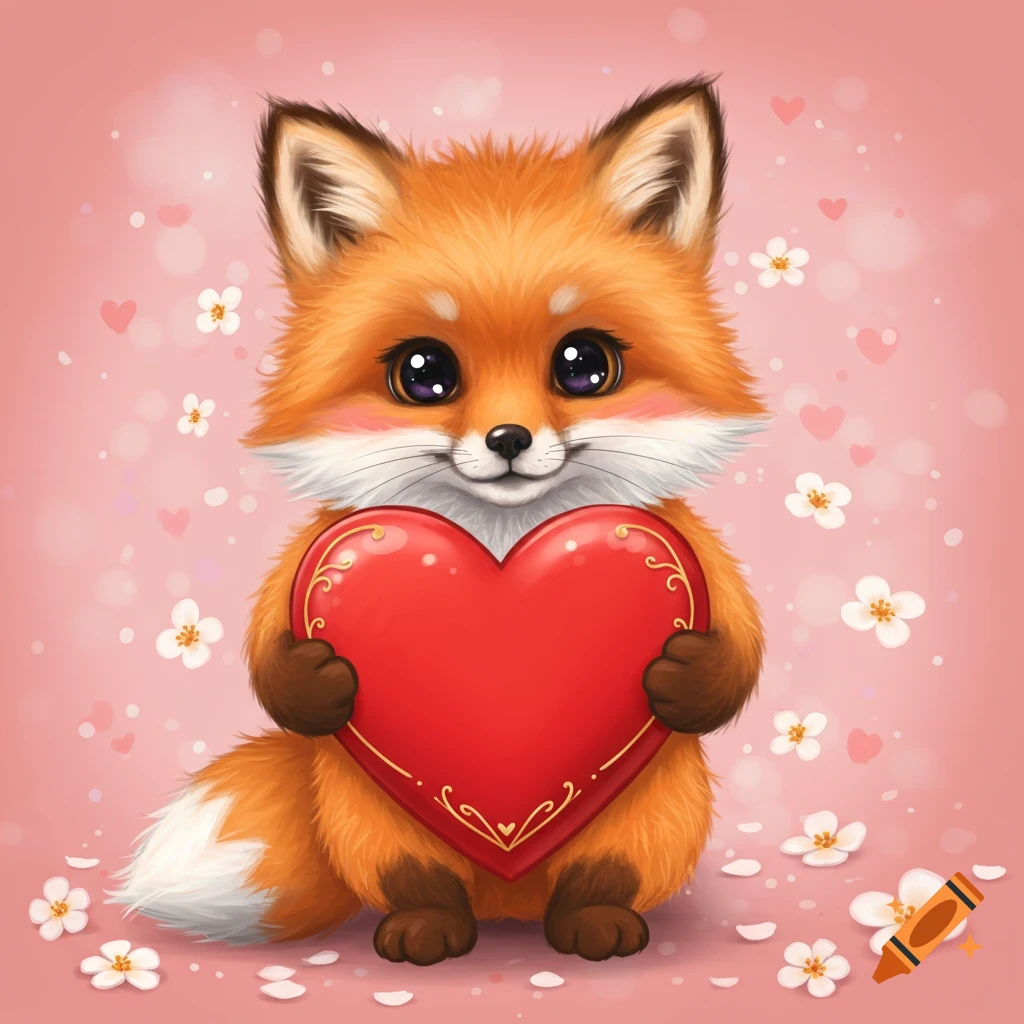 Cute cartoon fox holding a large red heart on a pink background with flowers.