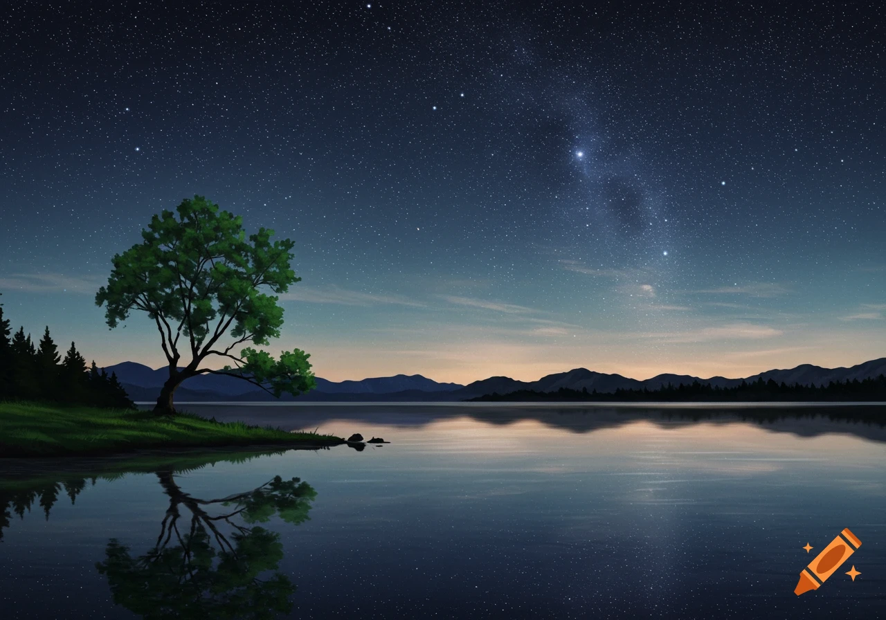 A lone tree by a lake under a starry night sky with mountains and reflection. Digital painting.