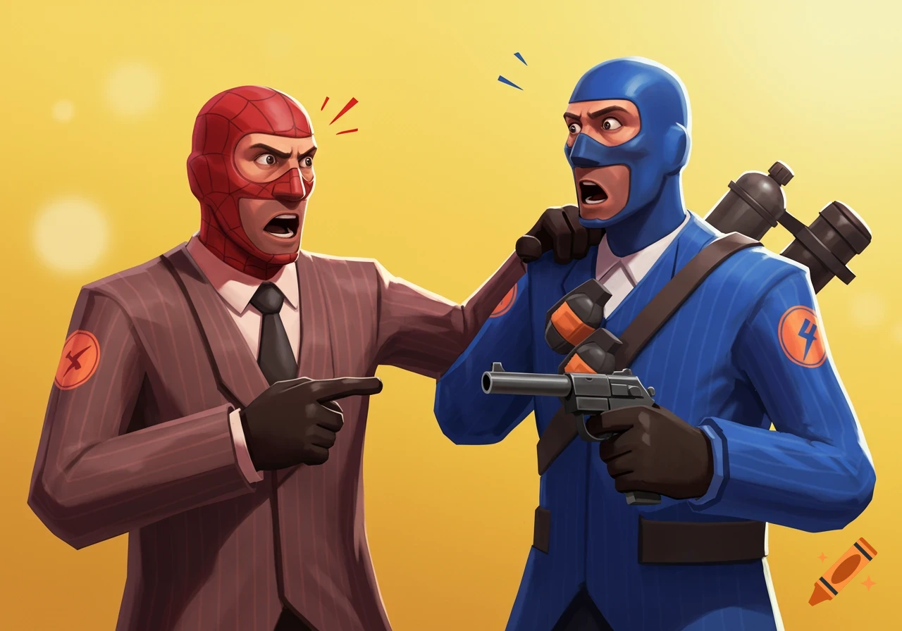 Cartoon spies from Team Fortress 2 pointing at each other in the style of the Spider-Man meme