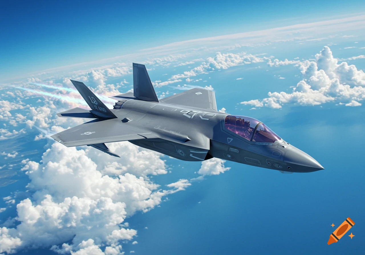 A futuristic grey fighter jet flies high in the blue sky surrounded by white clouds.