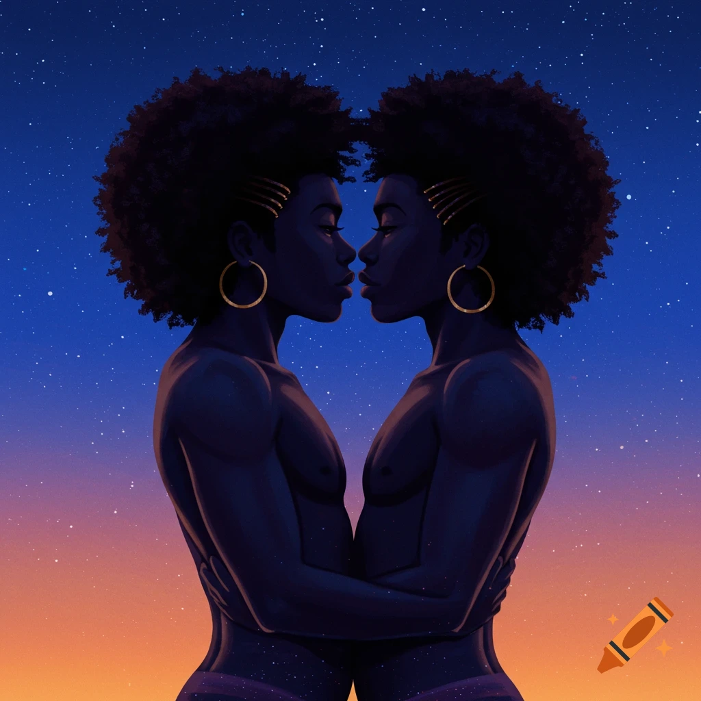 Illustration of two African American figures embracing against a starry night sky and sunset gradient.