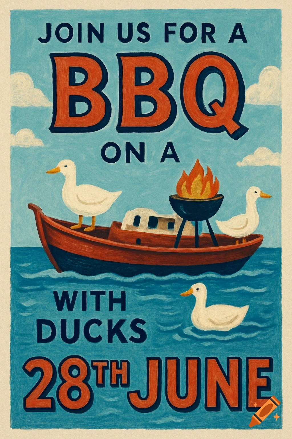 Illustrative poster for a BBQ invite with ducks on a boat.