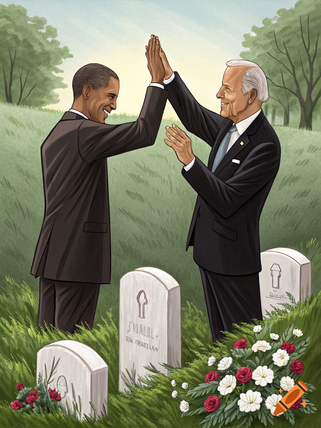 Illustration of Obama and Biden high-fiving over graves in a cemetery.