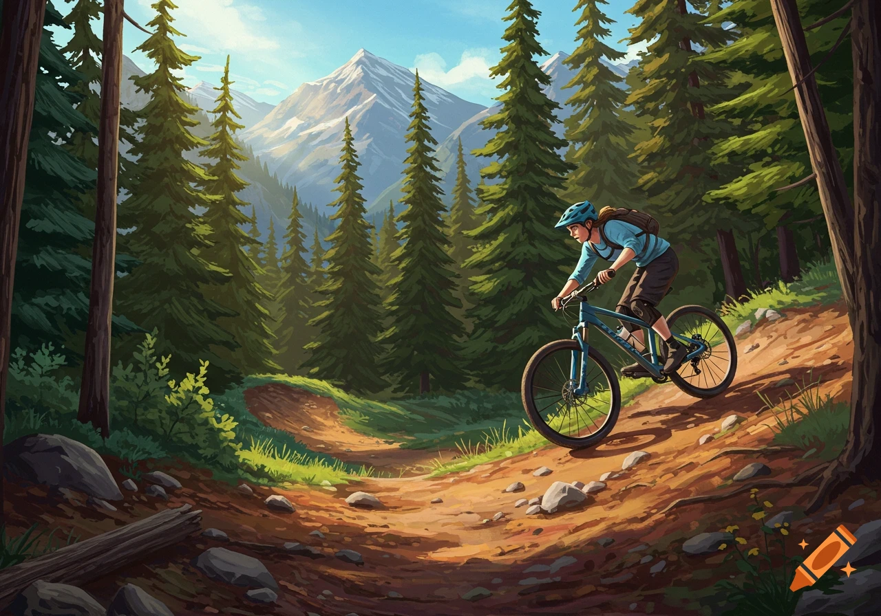Illustration of a person mountain biking down a dirt trail in a forest with mountains in the background.