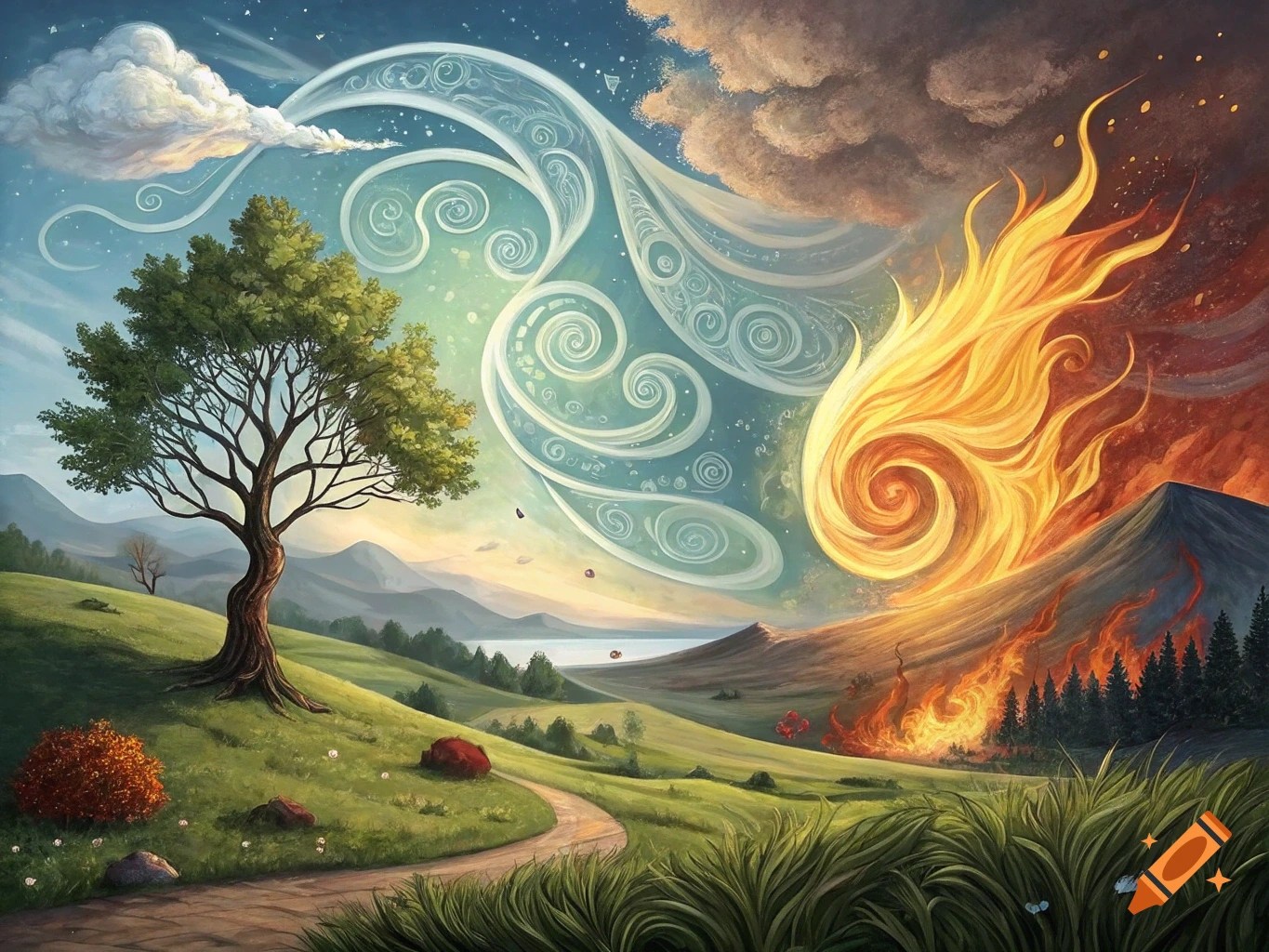 A fantasy landscape split in two, with a green hill and swirling air on the left, and a fiery mountain and swirling fire on the right.