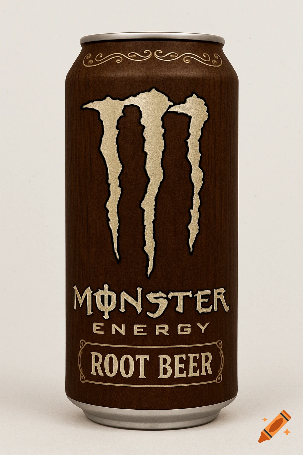 Close-up shot of a brown Monster Energy can with a wood grain texture labeled 'ROOT BEER'.