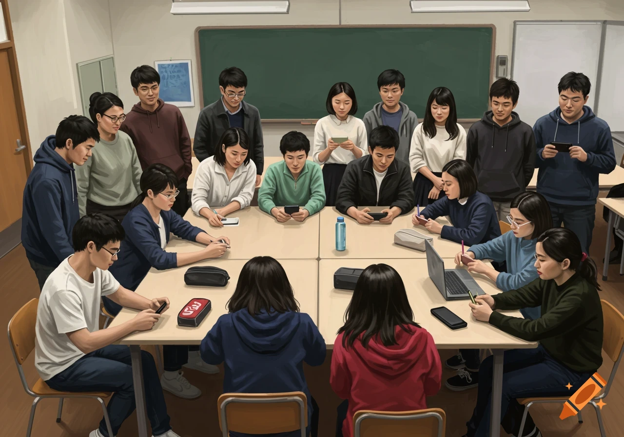 A group of Asian students sit around tables in a classroom, some using phones and a laptop. Digital painting style.