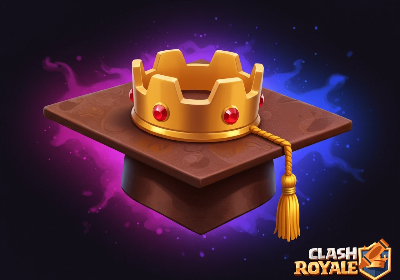 Gold crown on graduation cap with Clash Royale logo