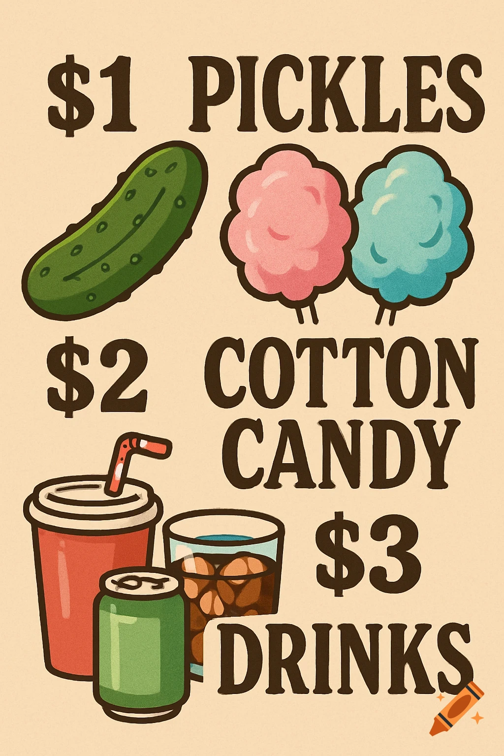 Cartoon illustration of a sign listing prices: $1 Pickles, $2 Cotton Candy, $3 Drinks. Includes drawings of a pickle, pink and blue cotton candy, and assorted drinks.