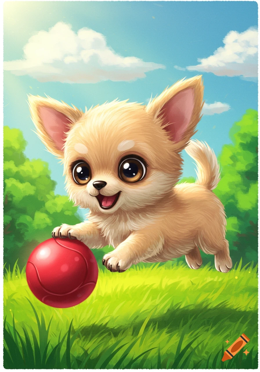 A cute cartoon chihuahua puppy plays with a red ball in a sunny grassy field under a blue sky.