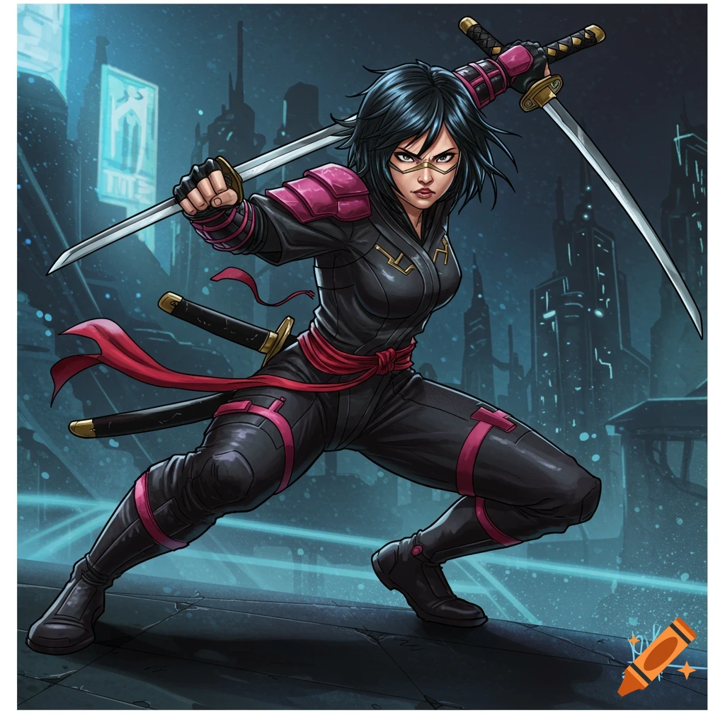 Female character in ninja outfit with two katanas in an urban background, comic art style.