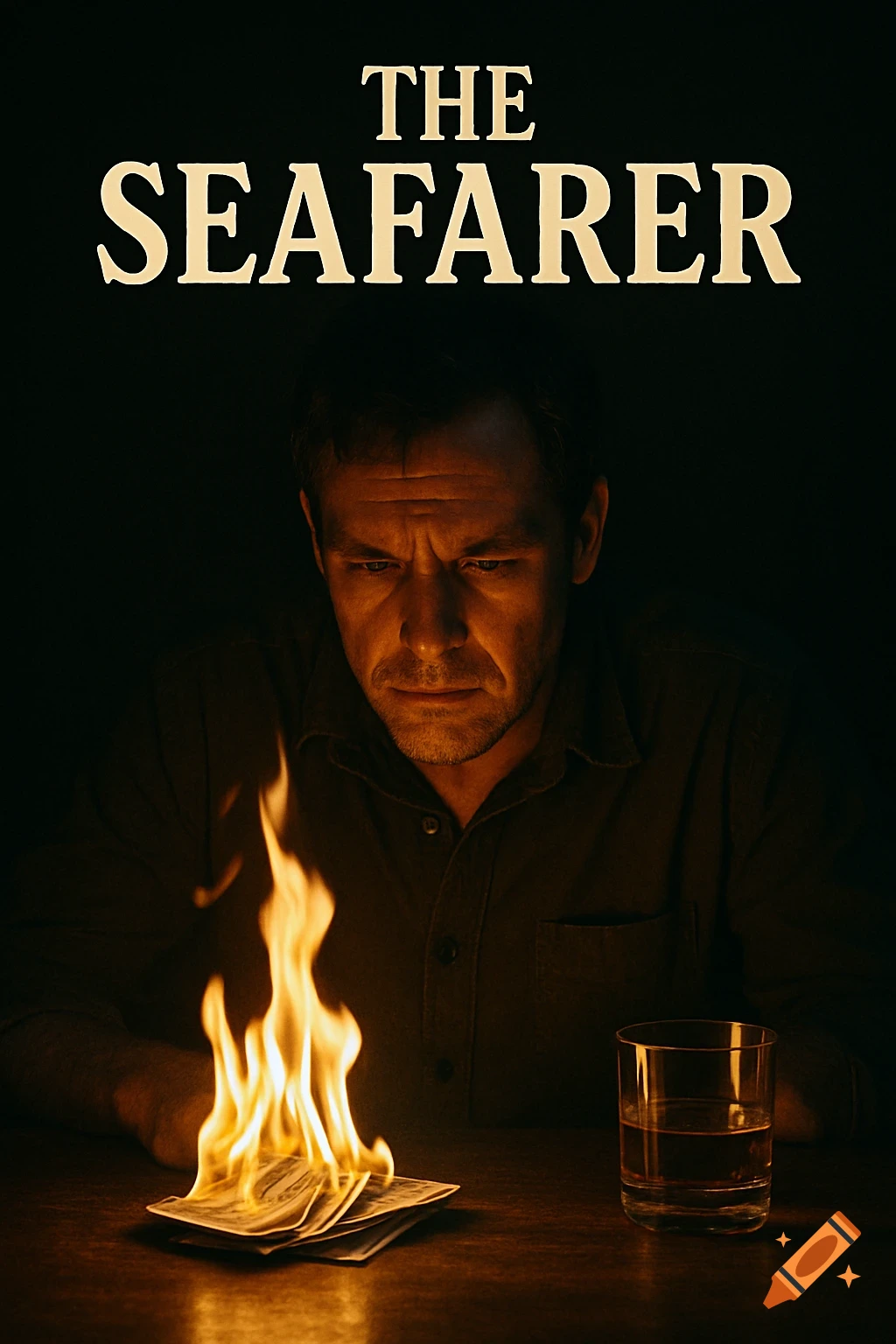 A man looks intently at a stack of burning cards and a glass of drink on a table, with the title 'THE SEAFARER' above.