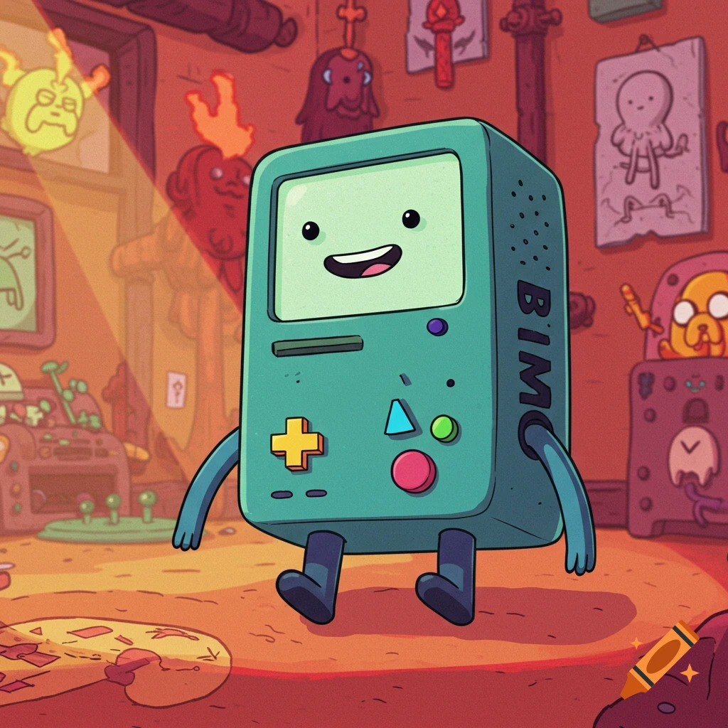 Cartoon character BMO from Adventure Time standing in a room.