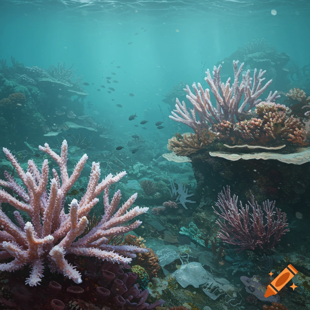 A vibrant underwater coral reef with schools of fish swimming through beams of light.