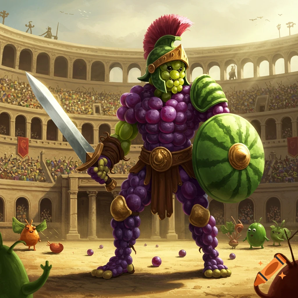 A grape gladiator stands in an arena holding a sword and watermelon shield, cartoon style.