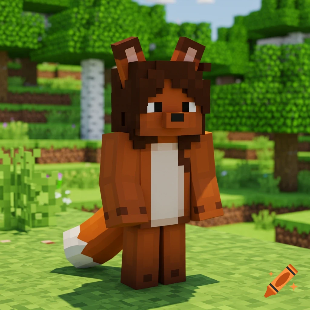 A Minecraft character designed as a fox stands in a blocky landscape.