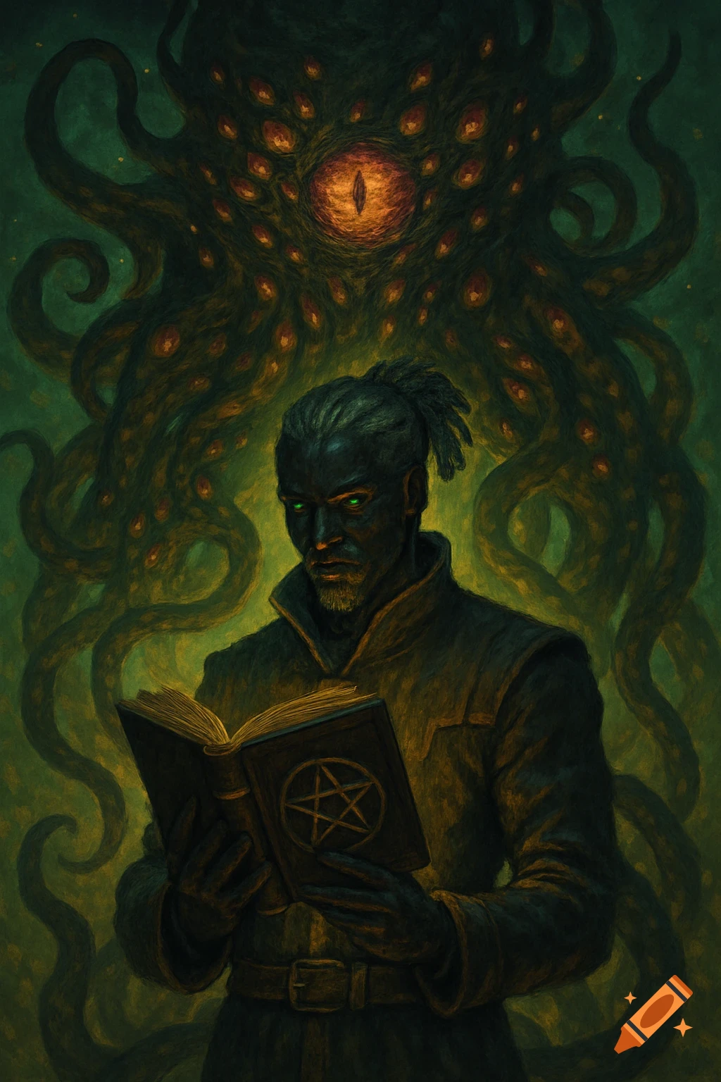 Dark fantasy painting of a man reading a book with a pentagram while a tentacled eldritch entity looms behind him.
