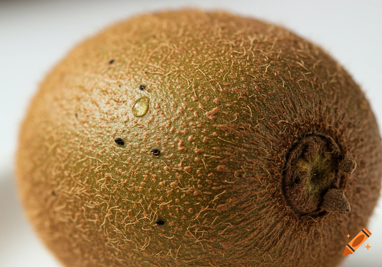 Extreme close-up of a kiwi fruit peel, showing fuzzy texture, dark spots, and a water droplet.