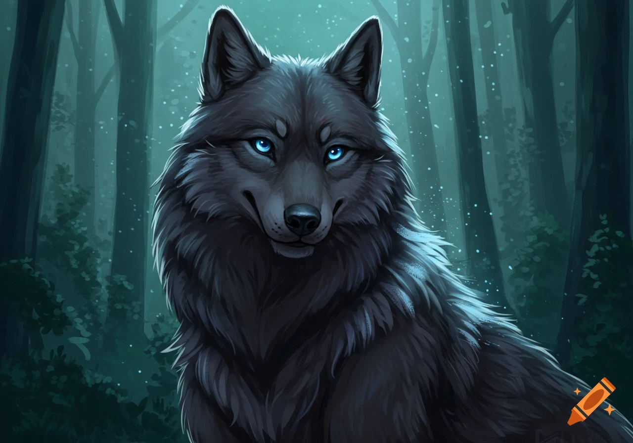 Stylized black wolf with glowing blue eyes in a dark forest.