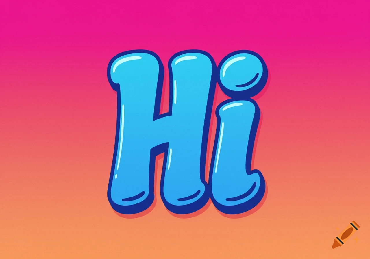 The word 'Hi' in blue bubbly letters on a pink and orange gradient background.