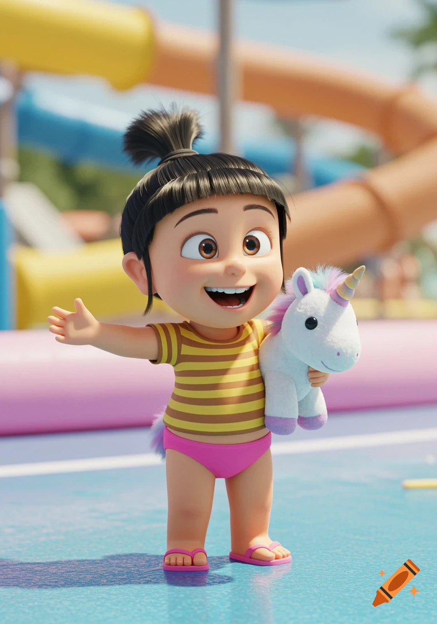 Agnes from Despicable Me in swimsuit holds unicorn at water park