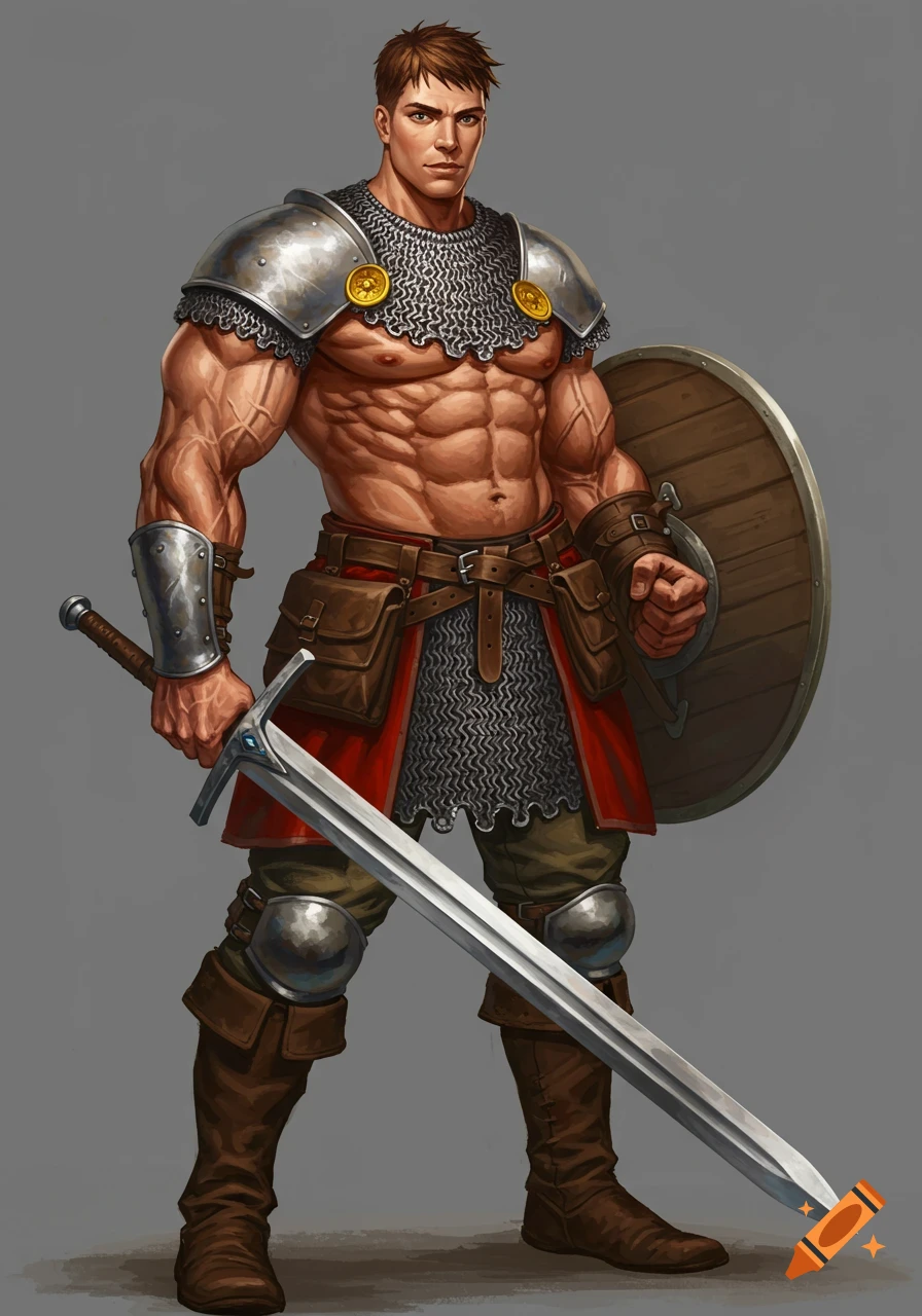 Muscular fantasy warrior in chain mail armor with sword and shield. on ...