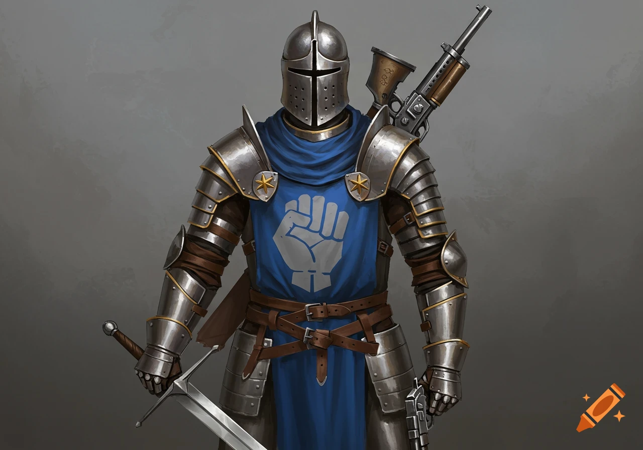 Fantasy art of a knight in steel armor with a blue surcoat featuring a fist emblem, holding a sword and a gun.