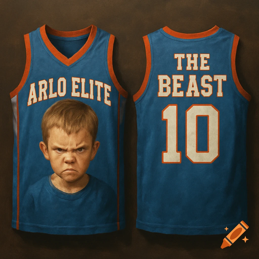 Front and back views of a blue basketball jersey with an angry boy's face on the front and 'THE BEAST 10' on the back.