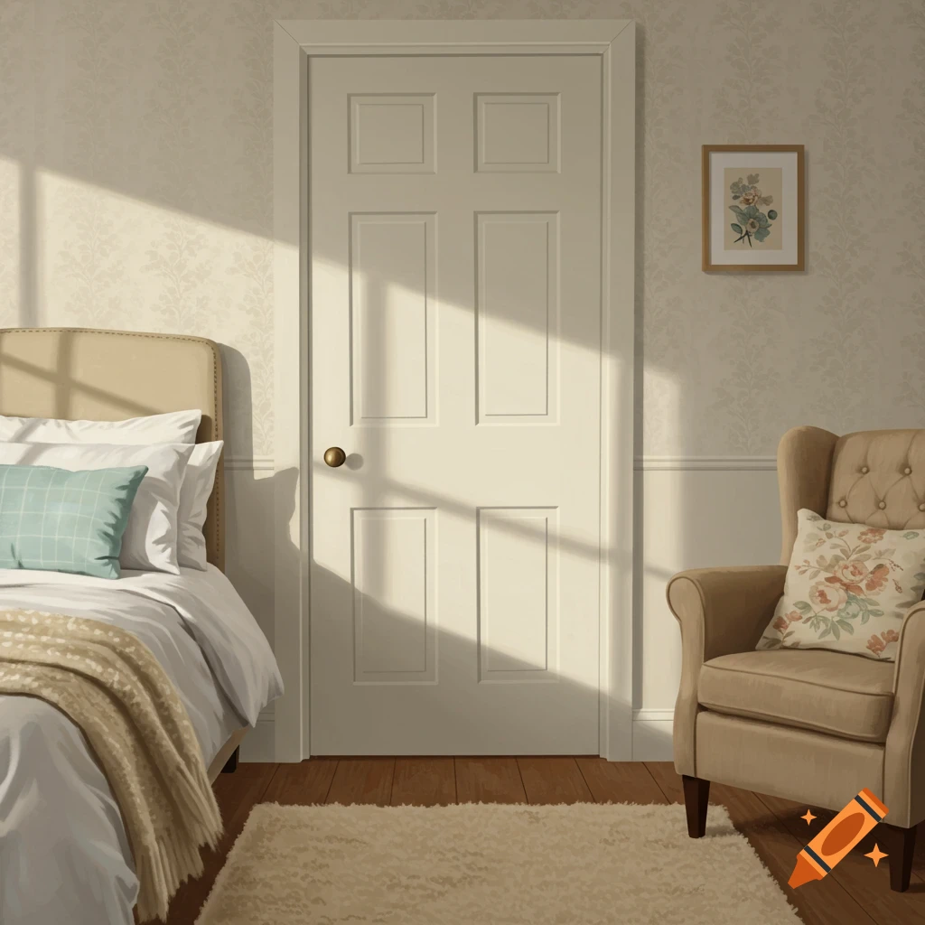 Sunny bedroom interior with a bed, chair, and door