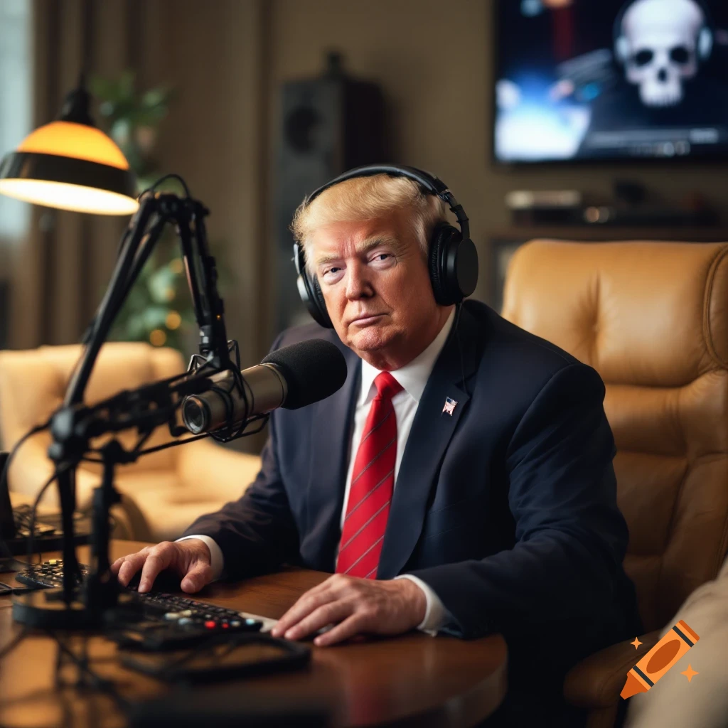 Donald Trump wearing headphones sits at a table with a microphone and keyboard, in a room with a screen in the background.