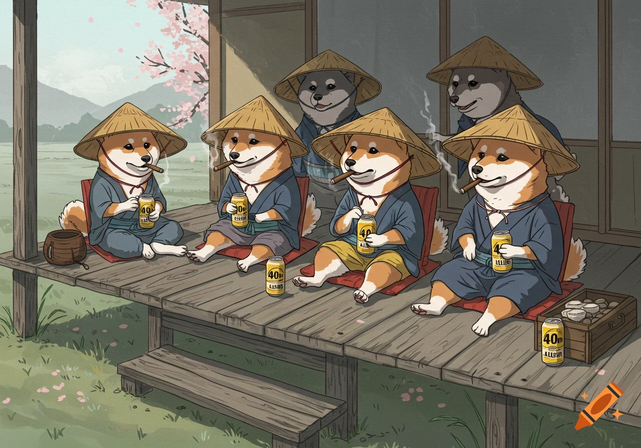 Shiba Inu dogs in straw hats smoke cigars and drink from cans on a wooden porch in a Japanese setting, illustration