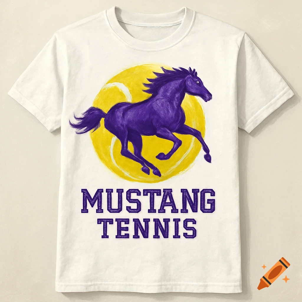 White t-shirt design with purple running horse on yellow circle and 'MUSTANG TENNIS' text